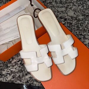 Hermes White Leather Slide Sandals